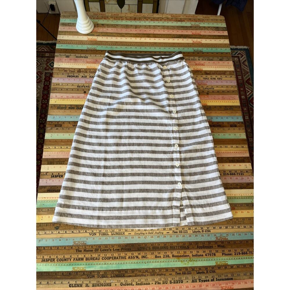 J Jill M Love Linen White Brown Stripe Pull On 100% Linen Skirt Elastic Waist